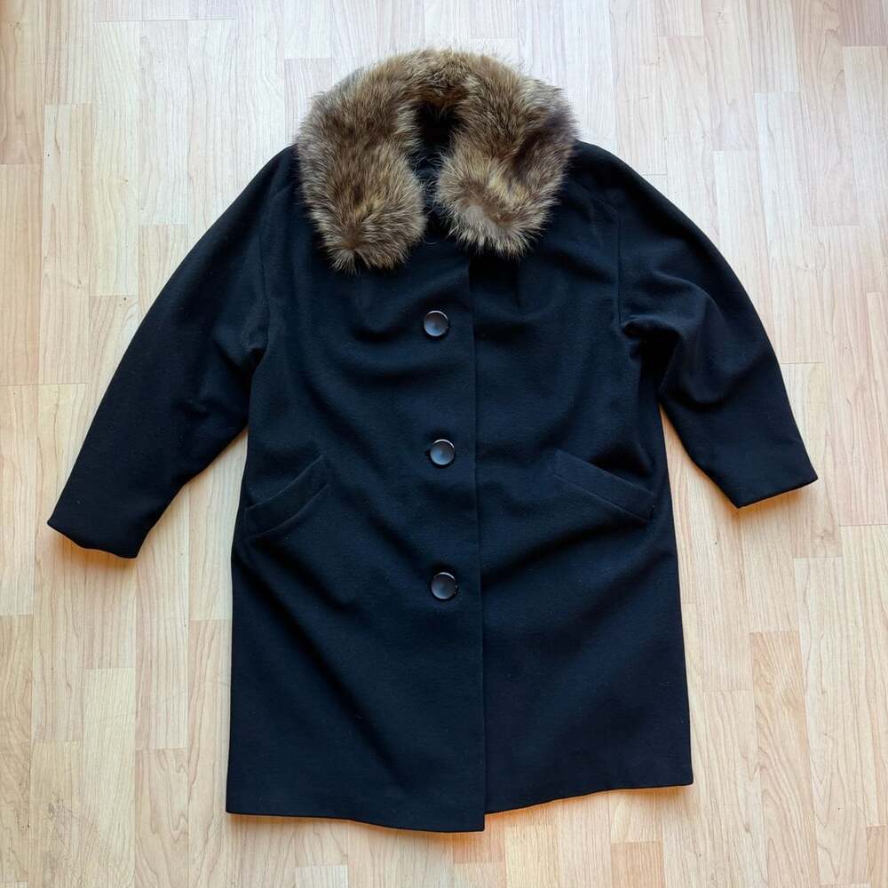 Vintage 60s Kennie Black Wool Car Coat Real Fur Collar Mid Century S/M